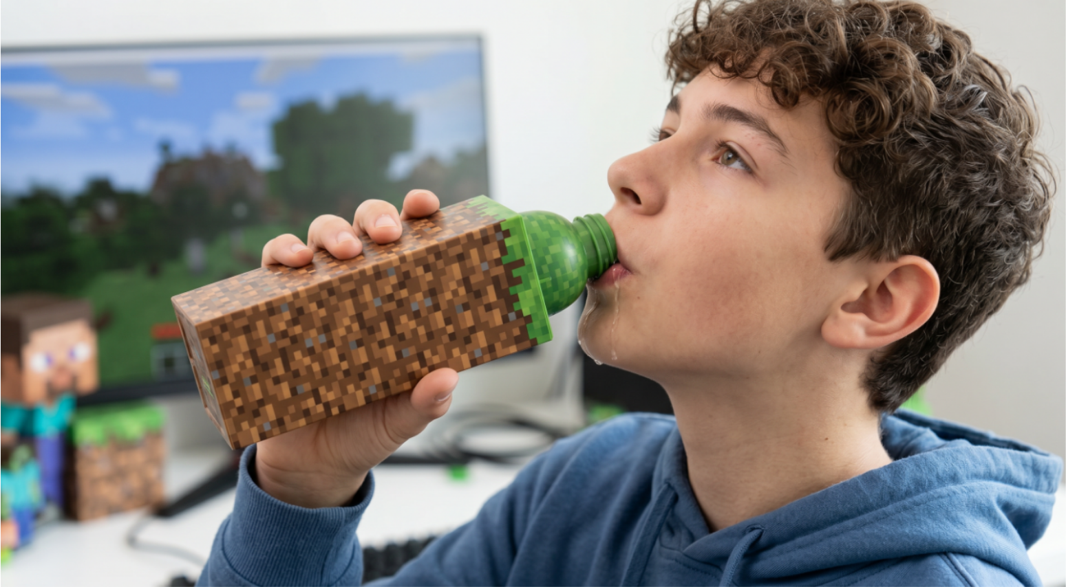 Customer drinking from a Minecraft water bottle